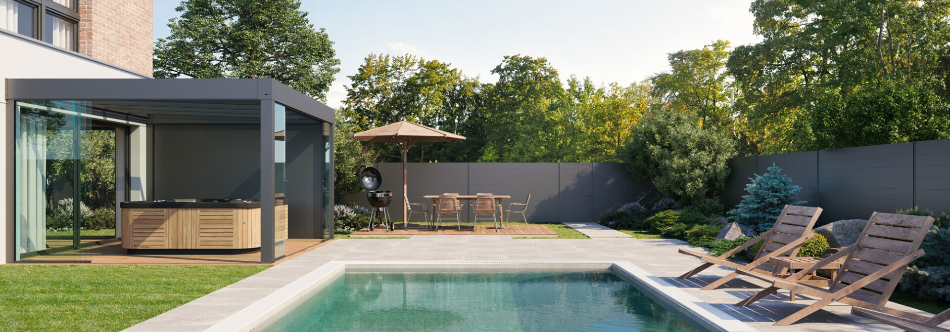 Cubo Ezie veranda met glazen wanden, ingericht als wellnessruimte naast een zwembad en moderne tuin.
